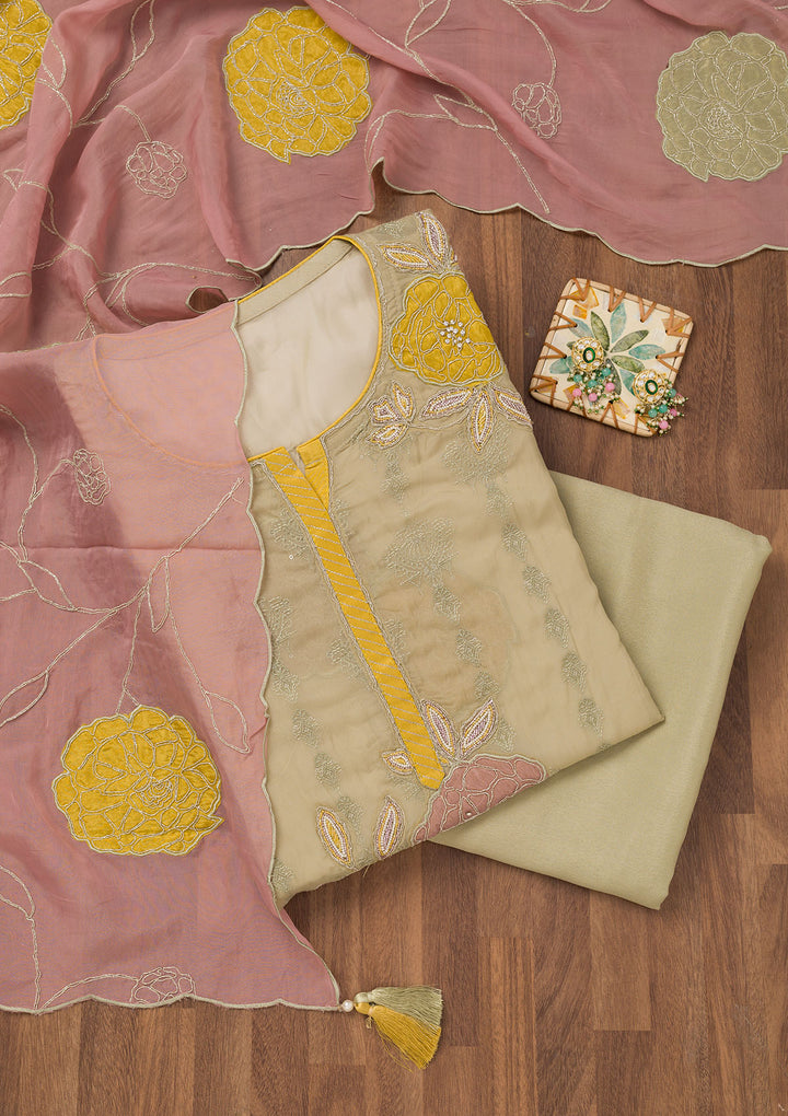 Pista Green Zariwork Semi Crepe Unstitched Salwar Suit