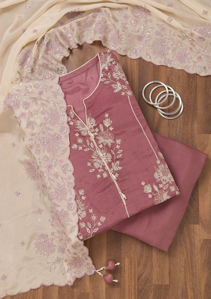 Lavender Zariwork Semi Crepe Unstitched Salwar Suit