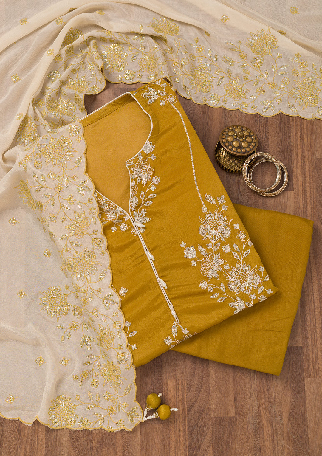 Mustard Zariwork Semi Crepe Unstitched Salwar Suit