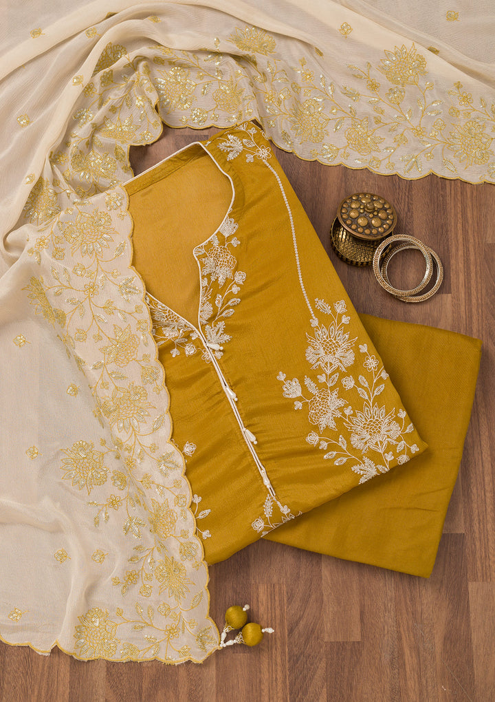 Mustard Zariwork Semi Crepe Unstitched Salwar Suit