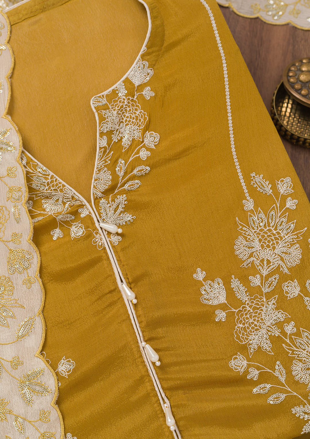 Mustard Zariwork Semi Crepe Unstitched Salwar Suit