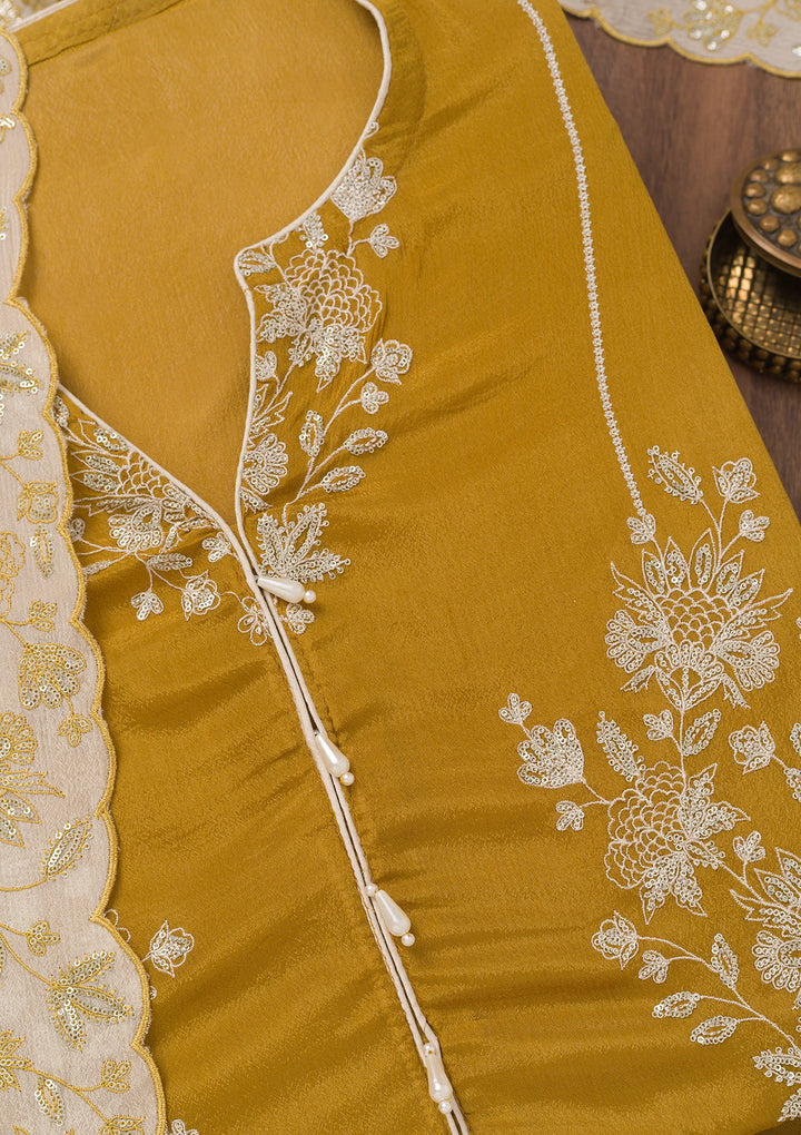 Mustard Zariwork Semi Crepe Unstitched Salwar Suit