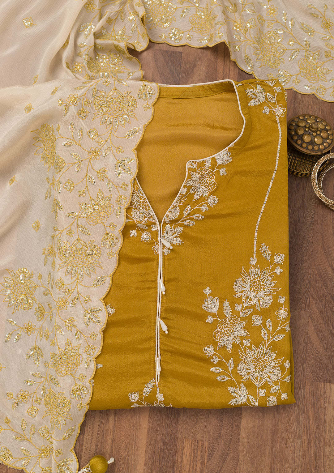 Mustard Zariwork Semi Crepe Unstitched Salwar Suit