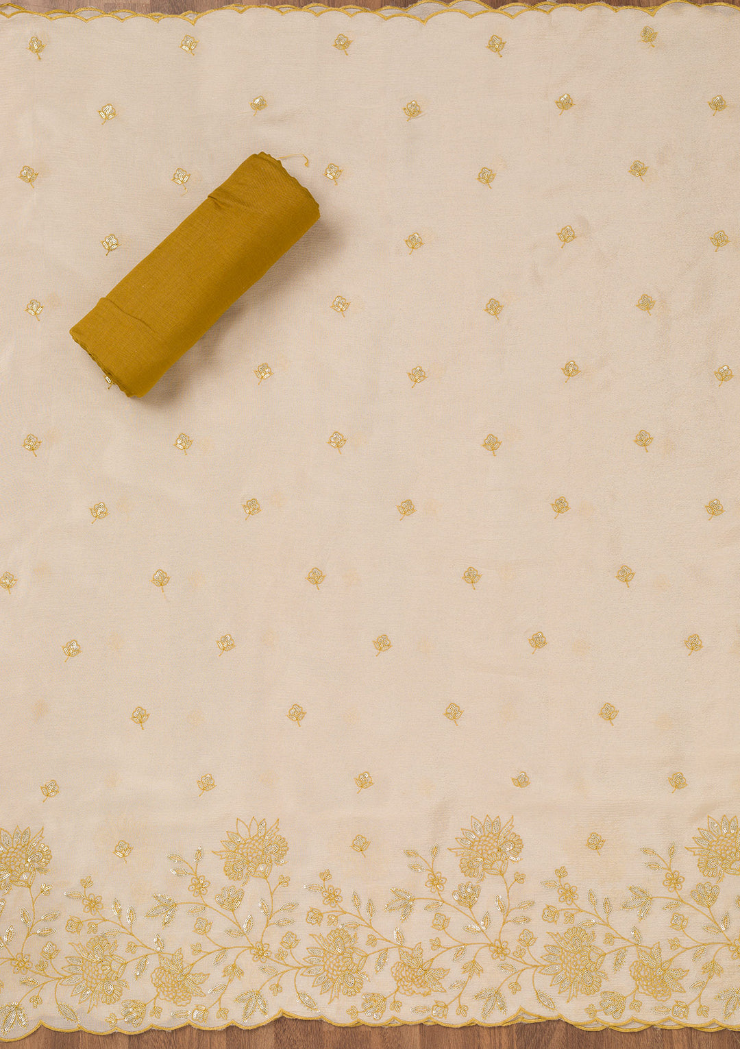 Mustard Zariwork Semi Crepe Unstitched Salwar Suit