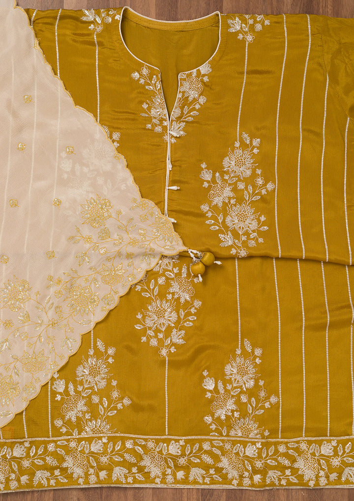 Mustard Zariwork Semi Crepe Unstitched Salwar Suit