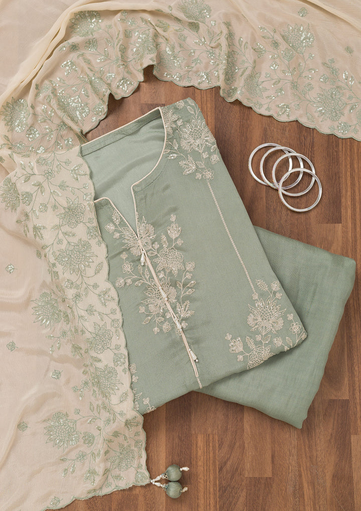 Sea Green Zariwork Semi Crepe Unstitched Salwar Suit
