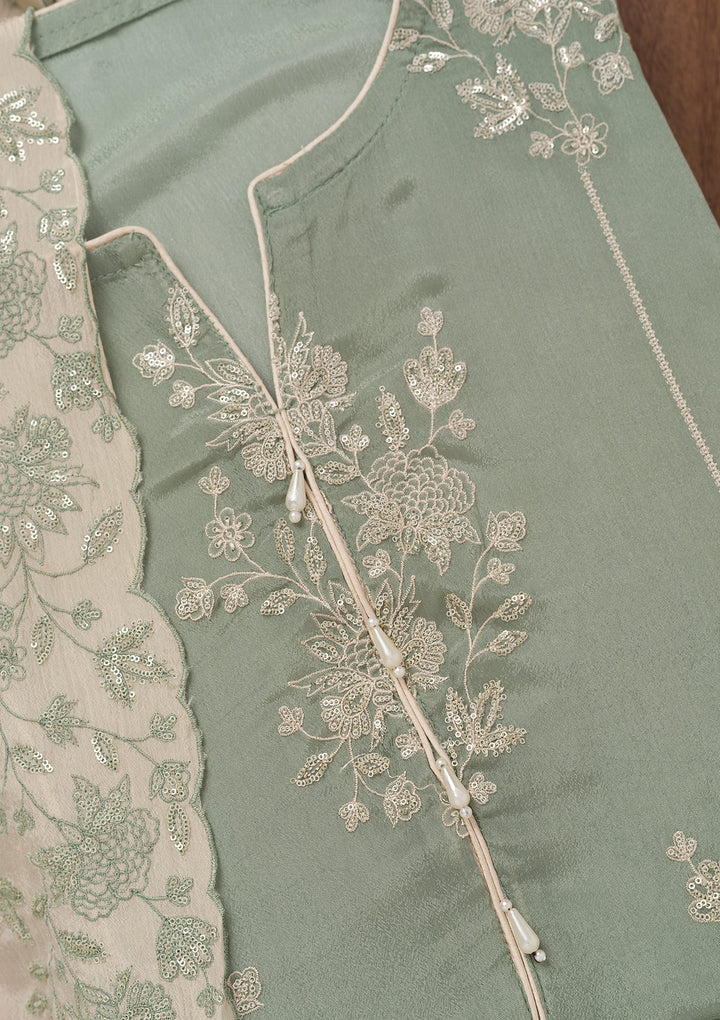 Sea Green Zariwork Semi Crepe Unstitched Salwar Suit