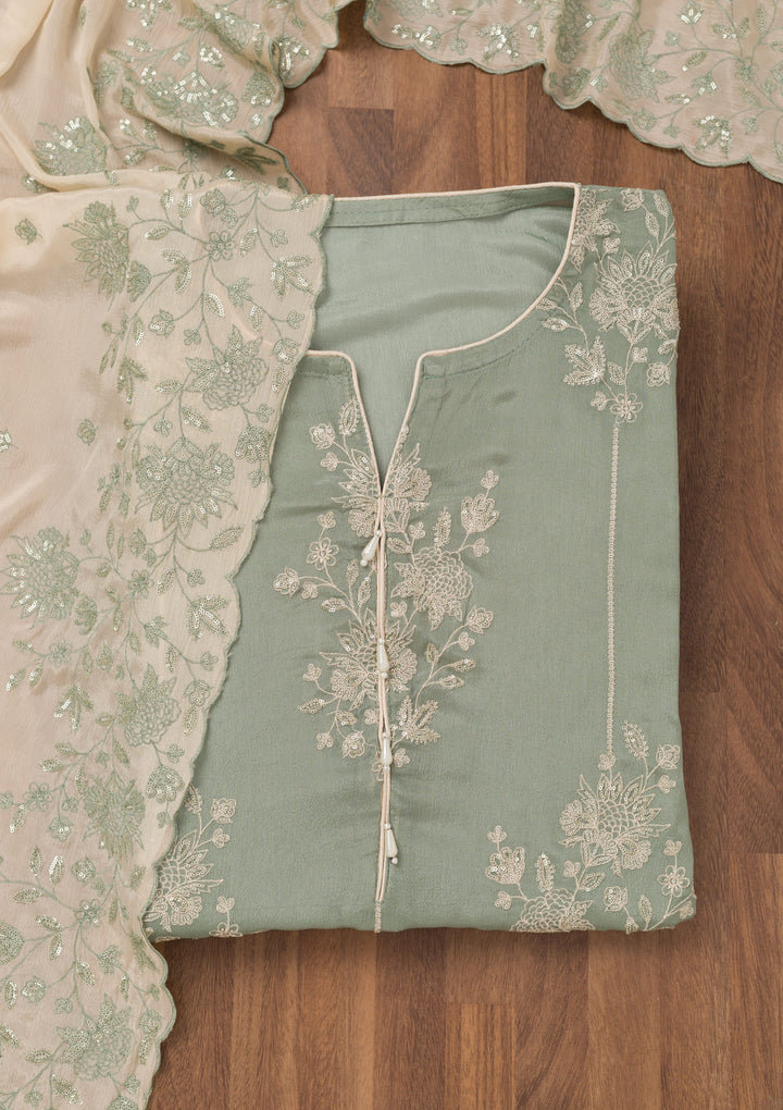 Sea Green Zariwork Semi Crepe Unstitched Salwar Suit