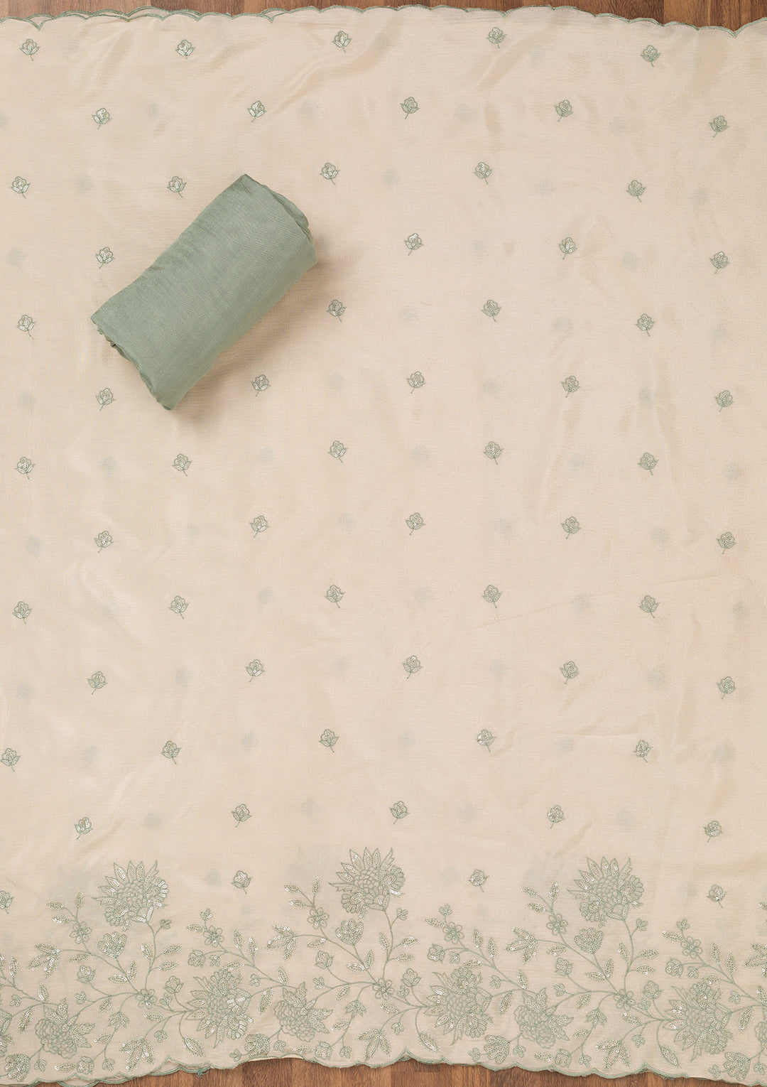 Sea Green Zariwork Semi Crepe Unstitched Salwar Suit