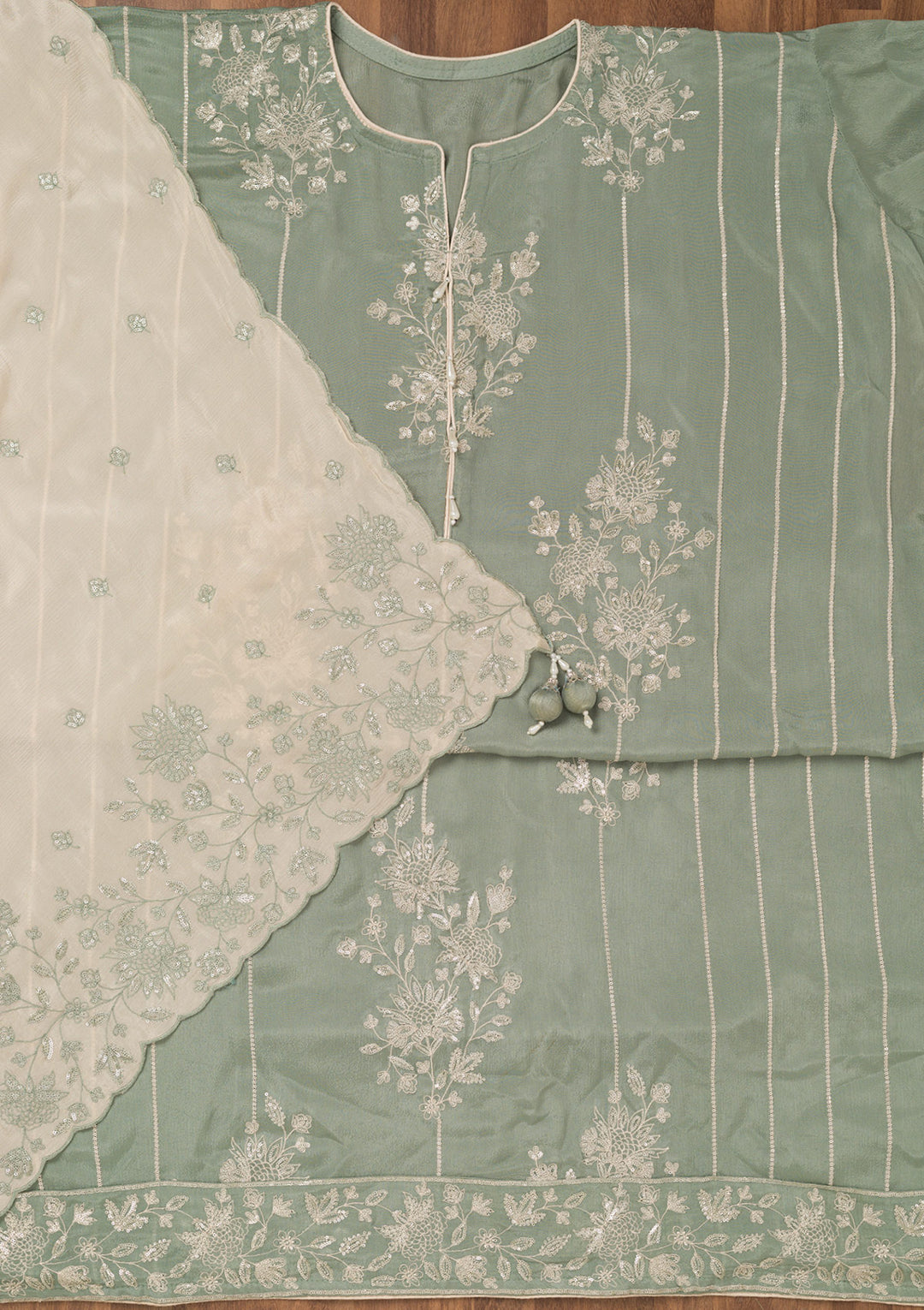 Sea Green Zariwork Semi Crepe Unstitched Salwar Suit
