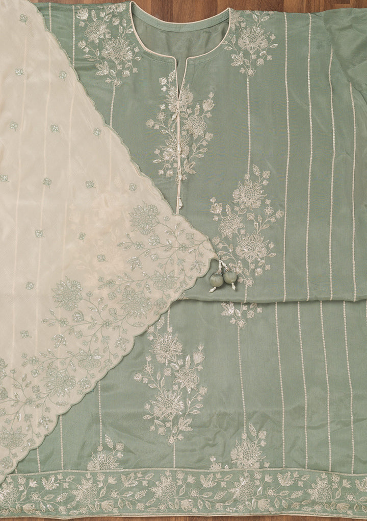 Sea Green Zariwork Semi Crepe Unstitched Salwar Suit
