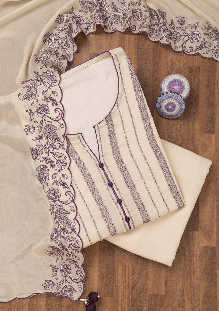 Cream Zariwork Semi Crepe Unstitched Salwar Suit