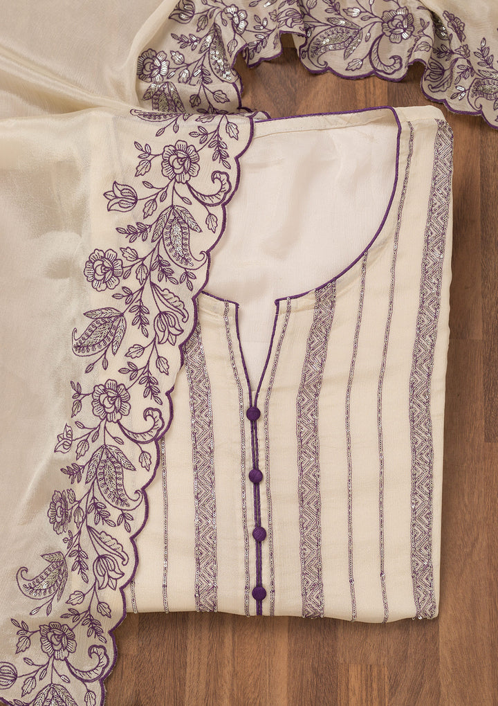 Cream Zariwork Semi Crepe Unstitched Salwar Suit