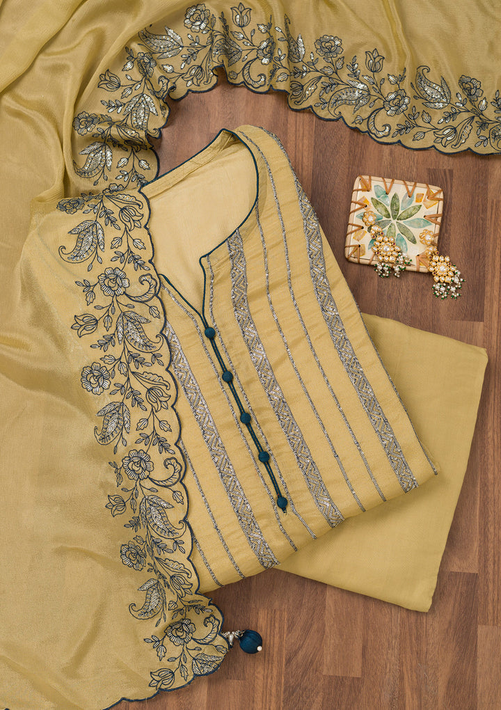 Green Zariwork Semi Crepe Unstitched Salwar Suit