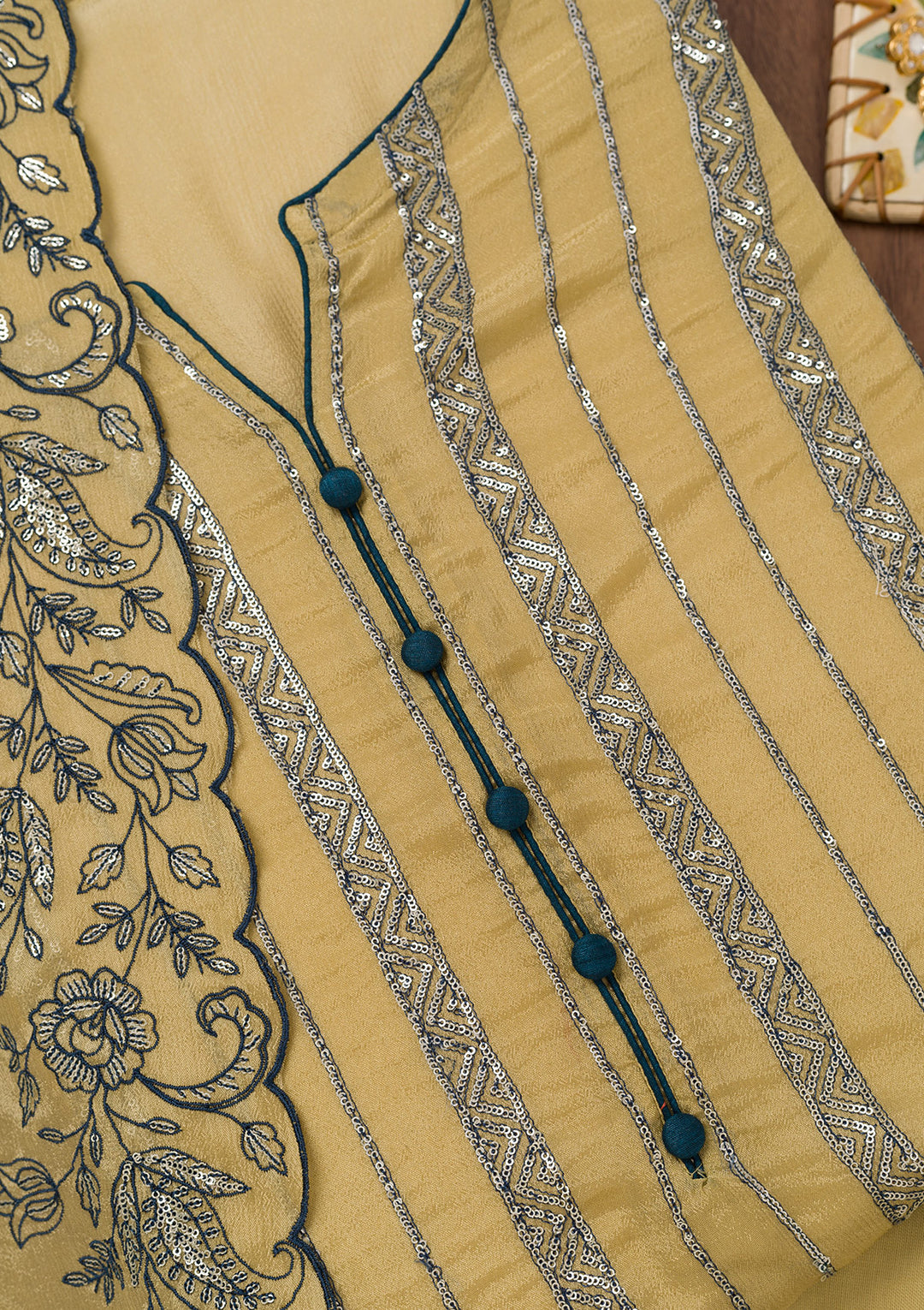 Green Zariwork Semi Crepe Unstitched Salwar Suit
