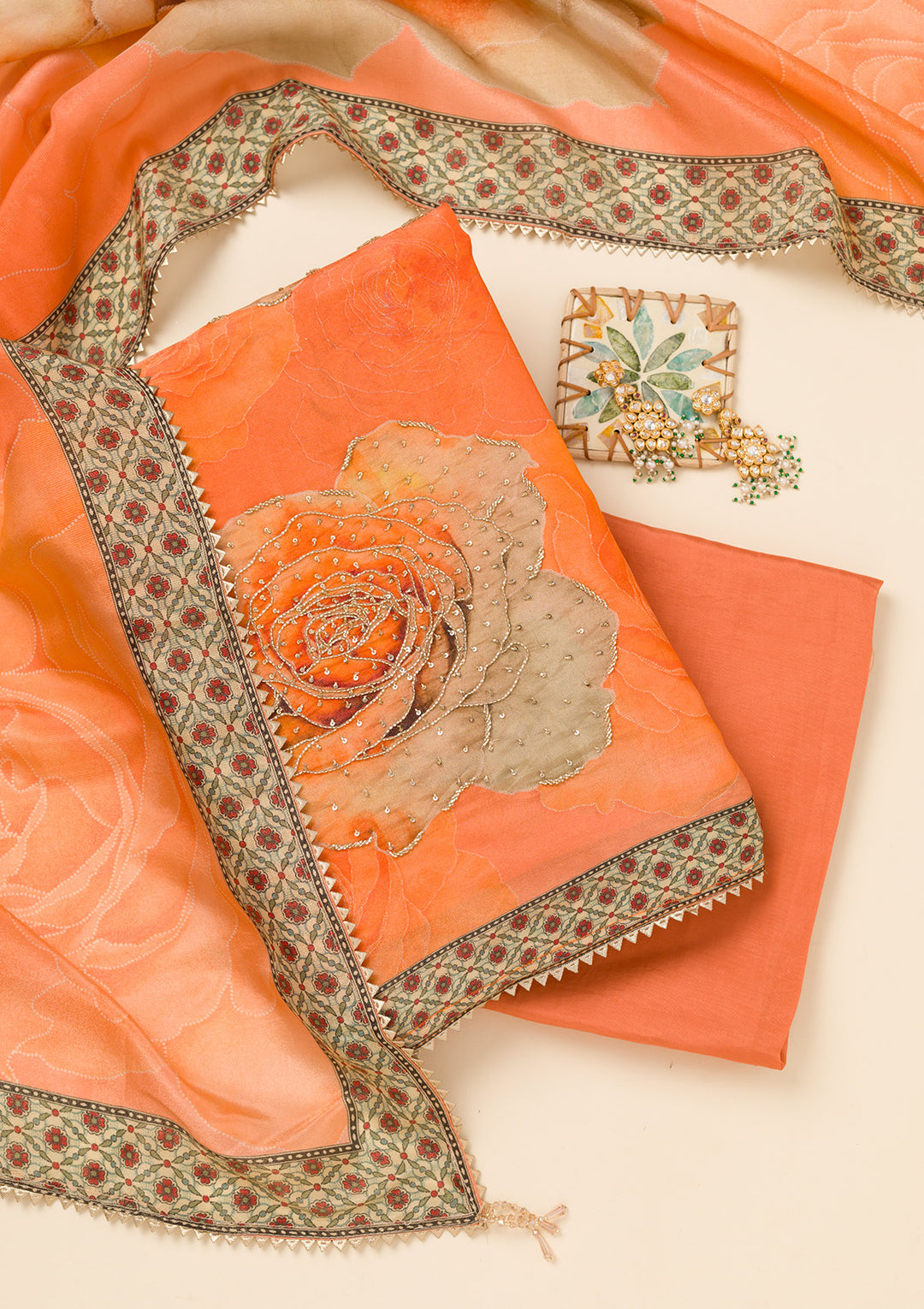 Orange Zariwork Semi Crepe Unstitched Salwar Suit