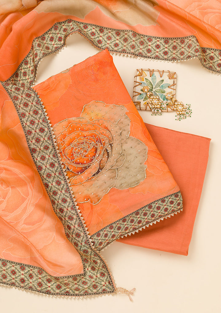 Orange Zariwork Semi Crepe Unstitched Salwar Suit