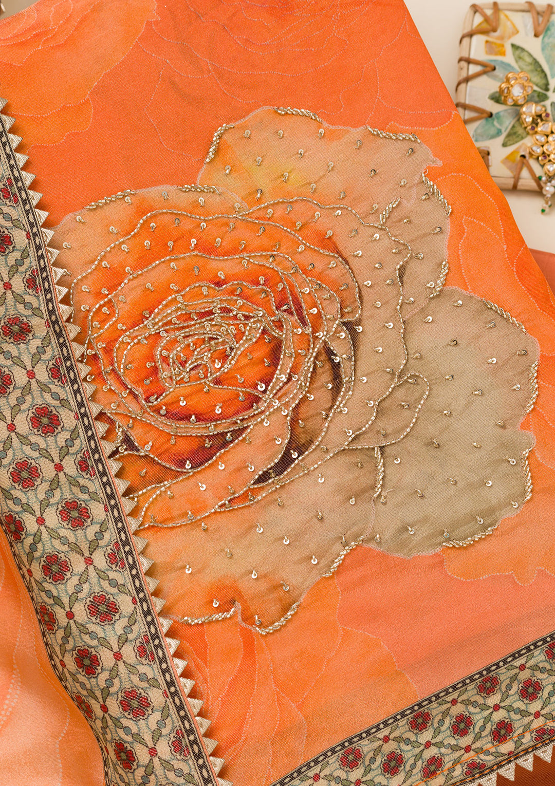 Orange Zariwork Semi Crepe Unstitched Salwar Suit