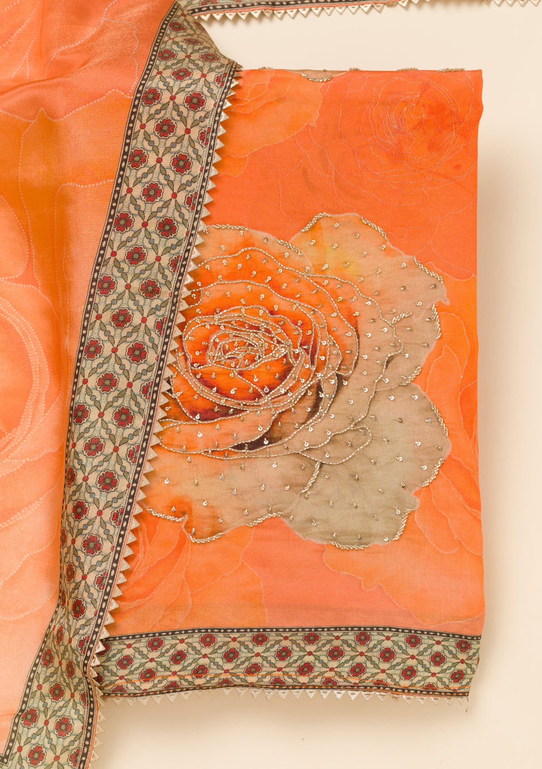Orange Zariwork Semi Crepe Unstitched Salwar Suit