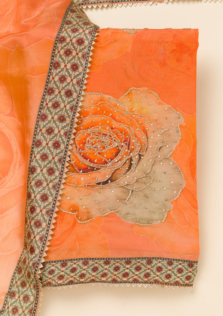 Orange Zariwork Semi Crepe Unstitched Salwar Suit