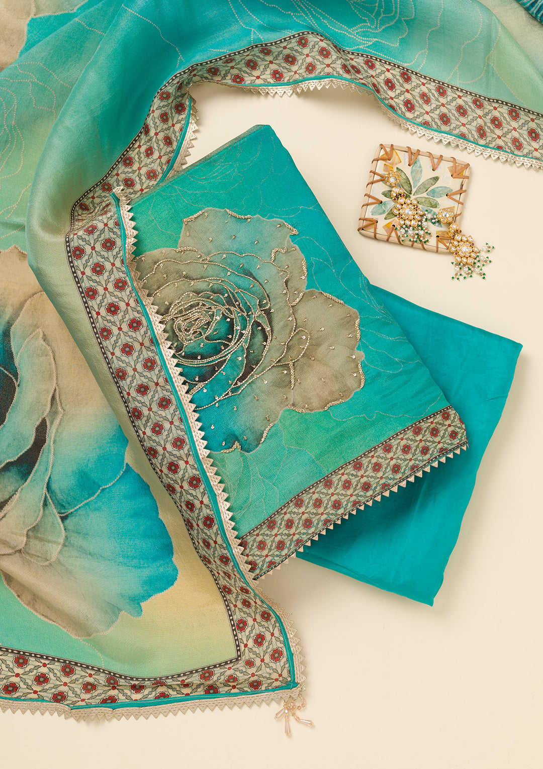 Turquoise Blue Zariwork Semi Crepe Unstitched Salwar Suit