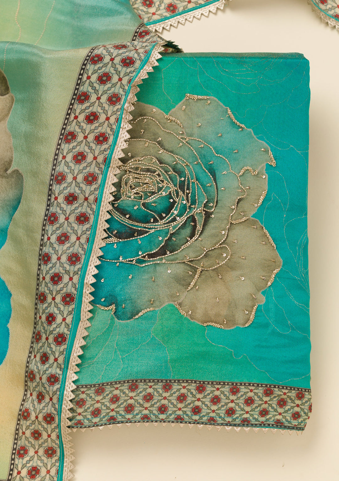 Turquoise Blue Zariwork Semi Crepe Unstitched Salwar Suit