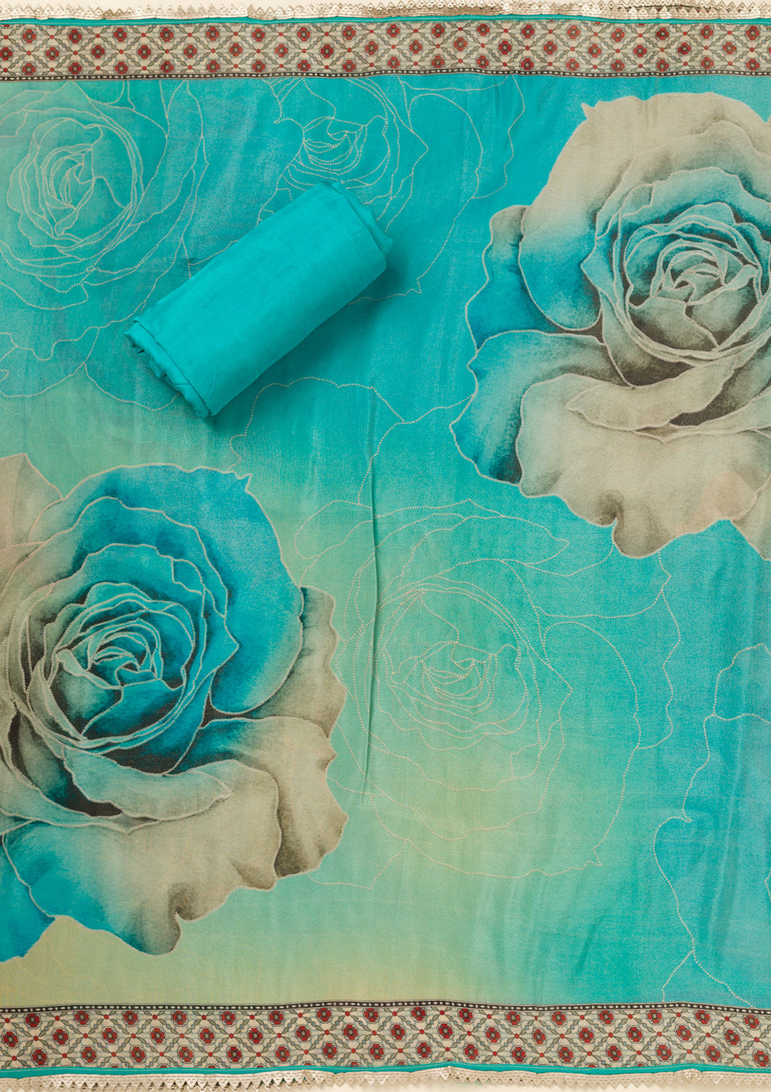 Turquoise Blue Zariwork Semi Crepe Unstitched Salwar Suit