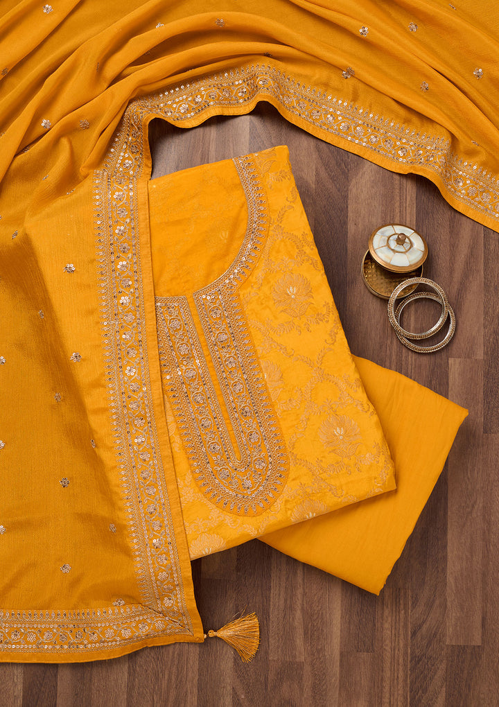 Yellow Zariwork Tissue Unstitched Salwar Suit