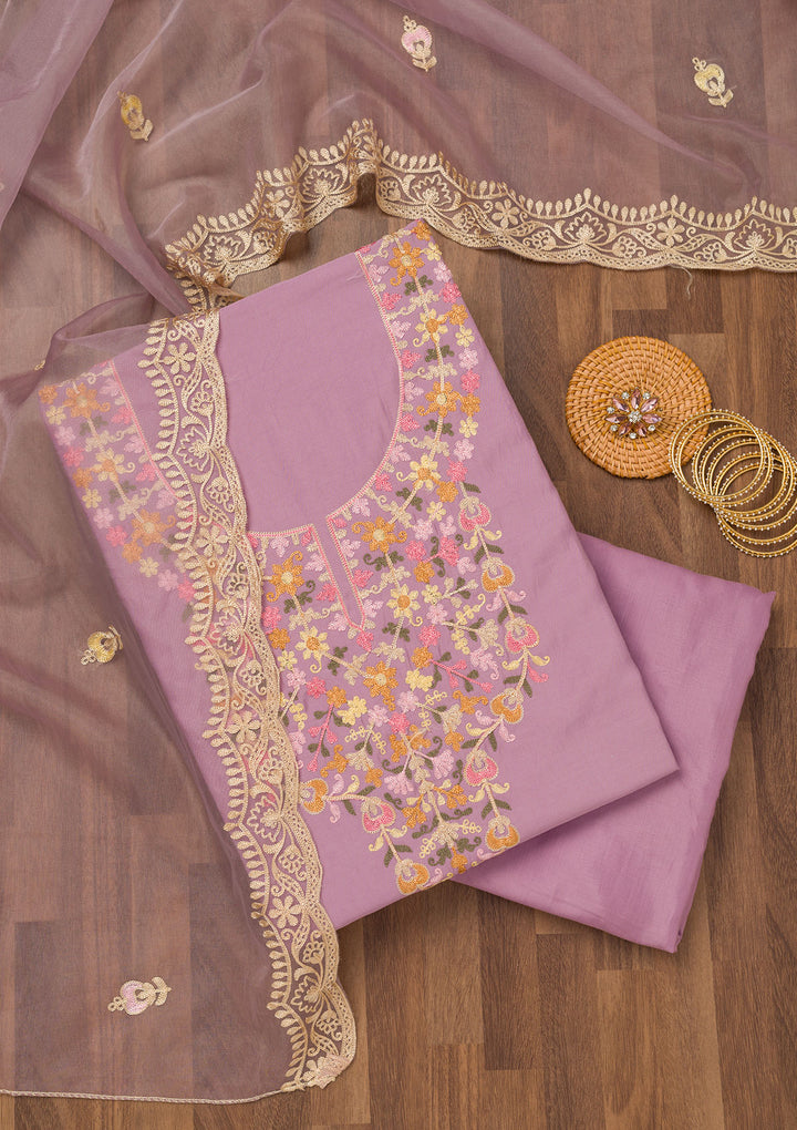 Lavender Threadwork Semi Crepe Unstitched Salwar Suit