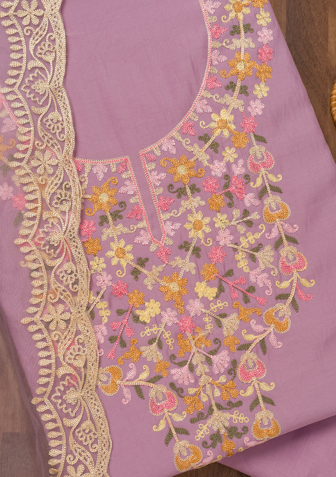 Lavender Threadwork Semi Crepe Unstitched Salwar Suit