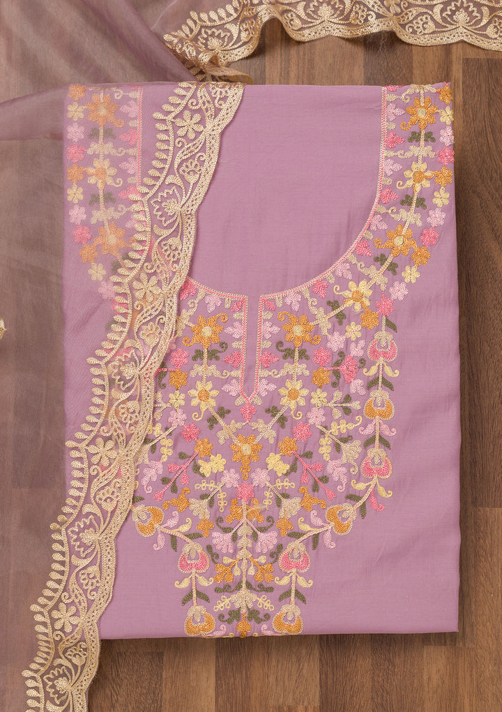 Lavender Threadwork Semi Crepe Unstitched Salwar Suit