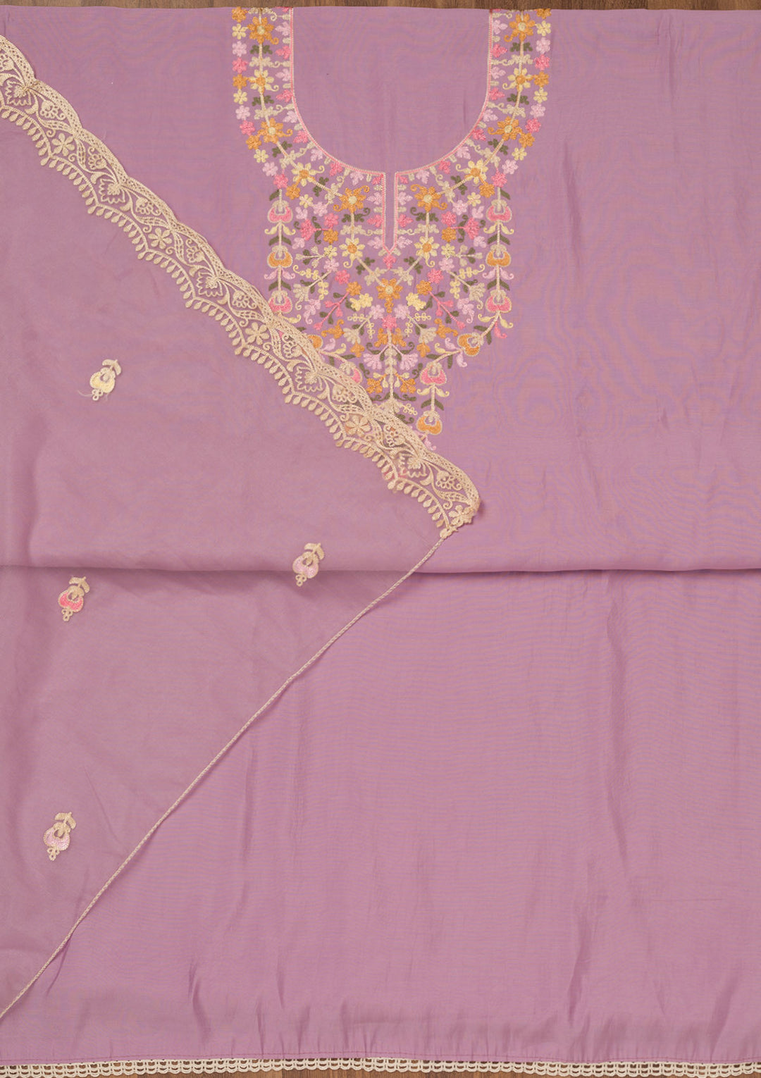 Lavender Threadwork Semi Crepe Unstitched Salwar Suit