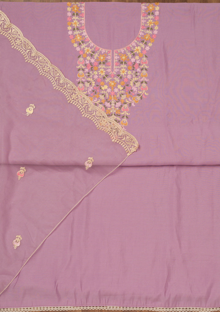 Lavender Threadwork Semi Crepe Unstitched Salwar Suit