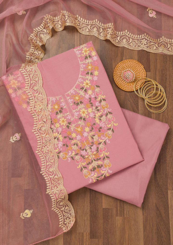 Onion Pink Threadwork Semi Crepe Unstitched Salwar Suit