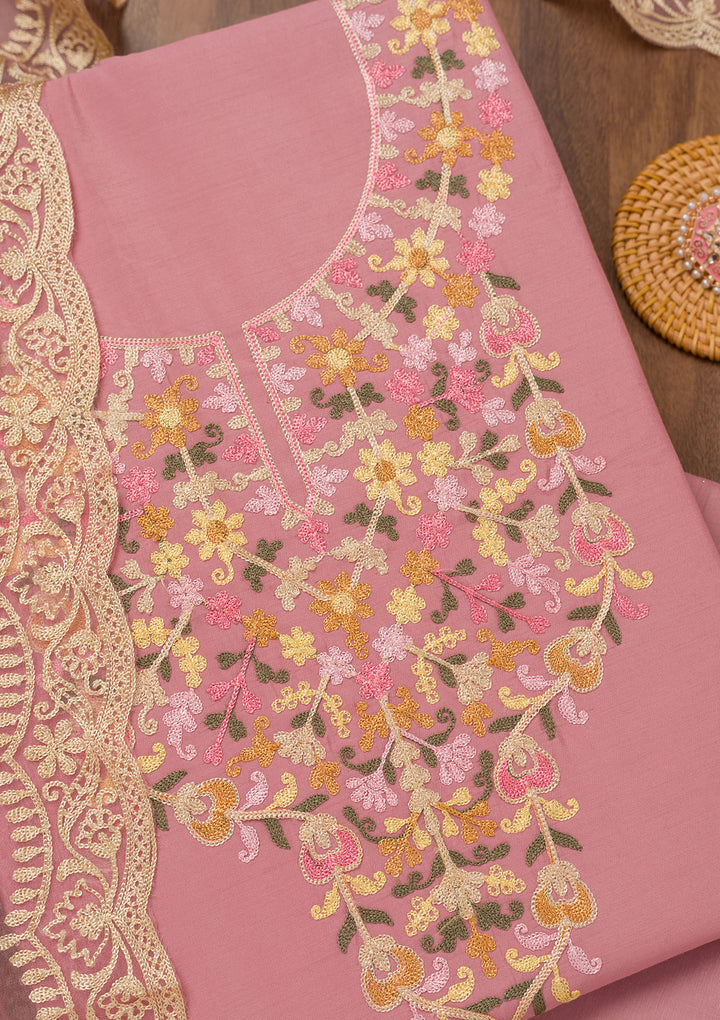 Onion Pink Threadwork Semi Crepe Unstitched Salwar Suit