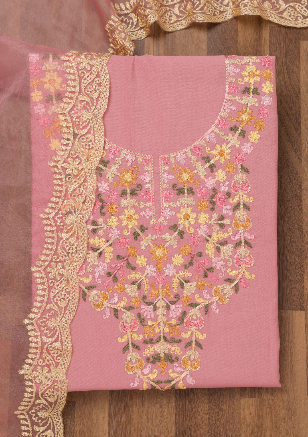Onion Pink Threadwork Semi Crepe Unstitched Salwar Suit