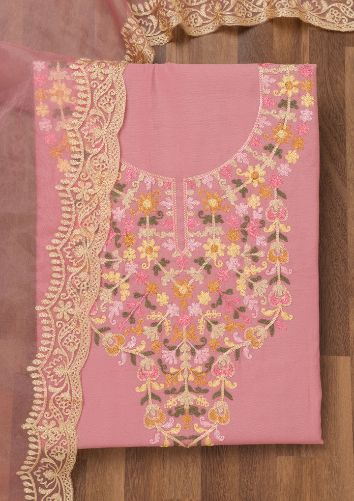Onion Pink Threadwork Semi Crepe Unstitched Salwar Suit