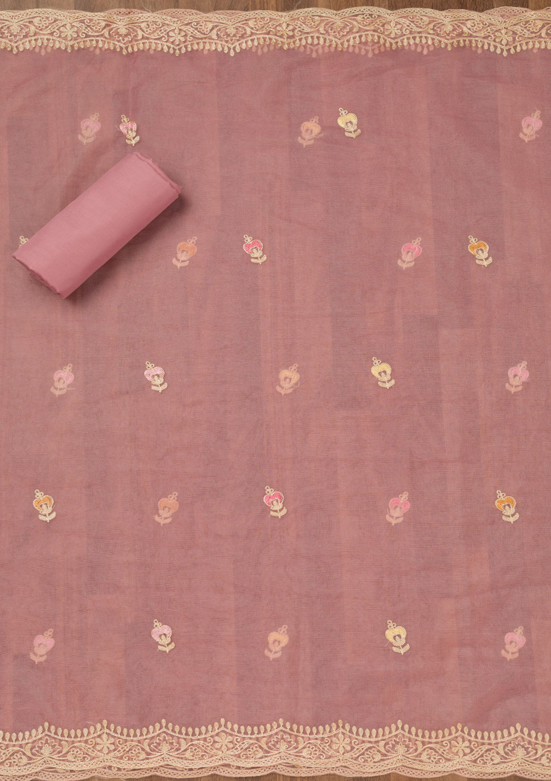 Onion Pink Threadwork Semi Crepe Unstitched Salwar Suit