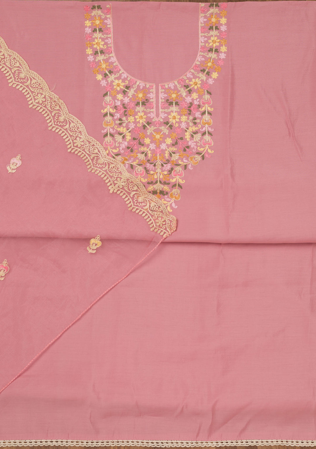 Onion Pink Threadwork Semi Crepe Unstitched Salwar Suit