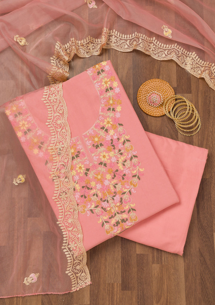 Peach Threadwork Semi Crepe Unstitched Salwar Suit