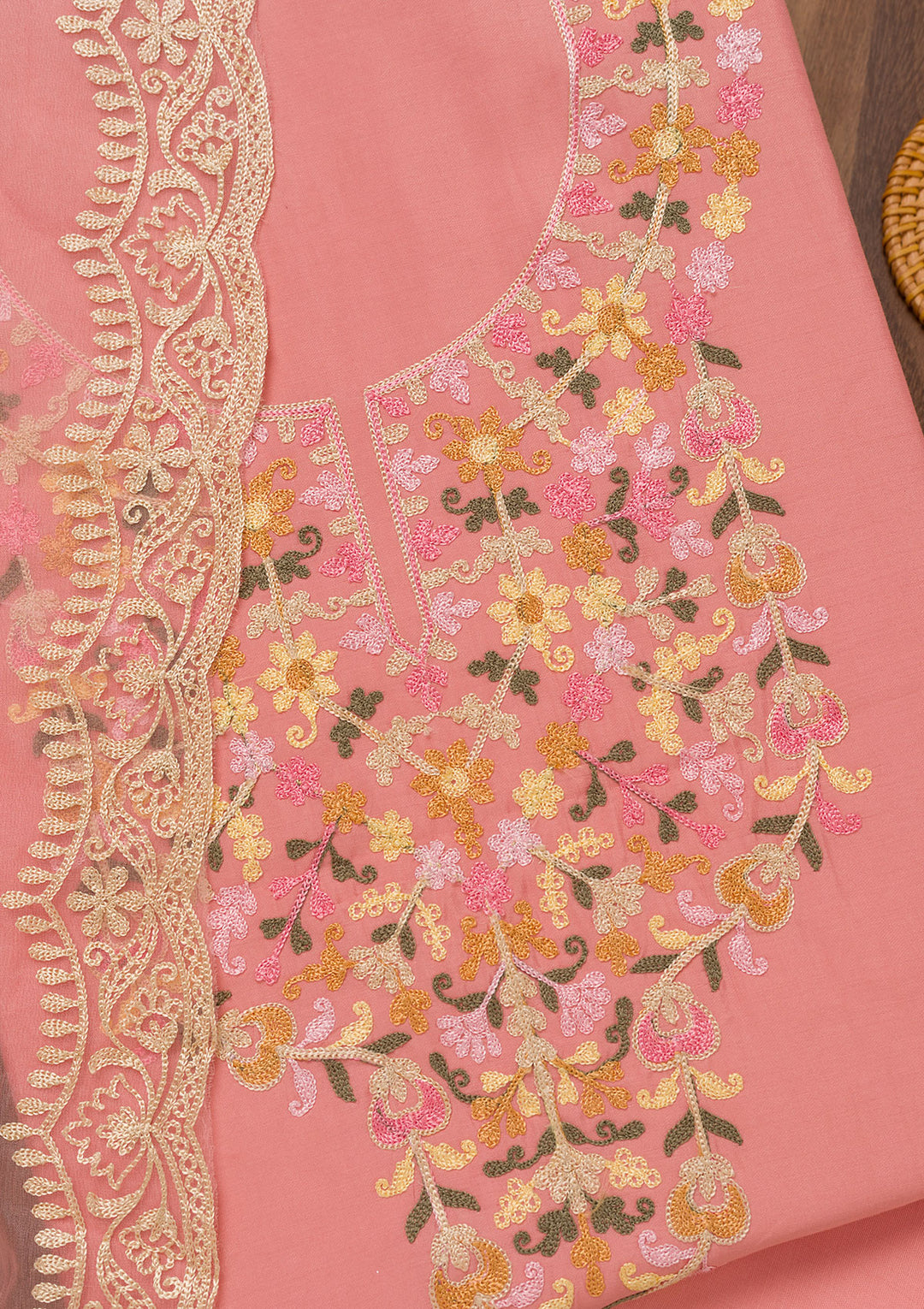 Peach Threadwork Semi Crepe Unstitched Salwar Suit