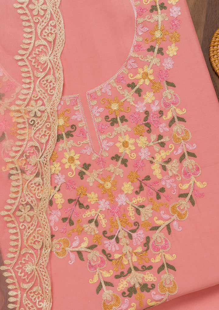 Peach Threadwork Semi Crepe Unstitched Salwar Suit