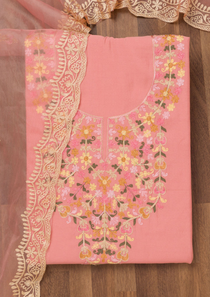 Peach Threadwork Semi Crepe Unstitched Salwar Suit