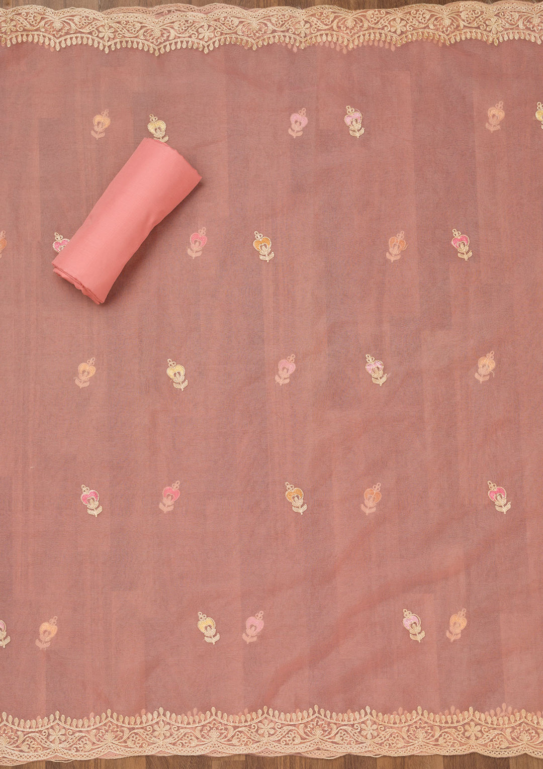 Peach Threadwork Semi Crepe Unstitched Salwar Suit