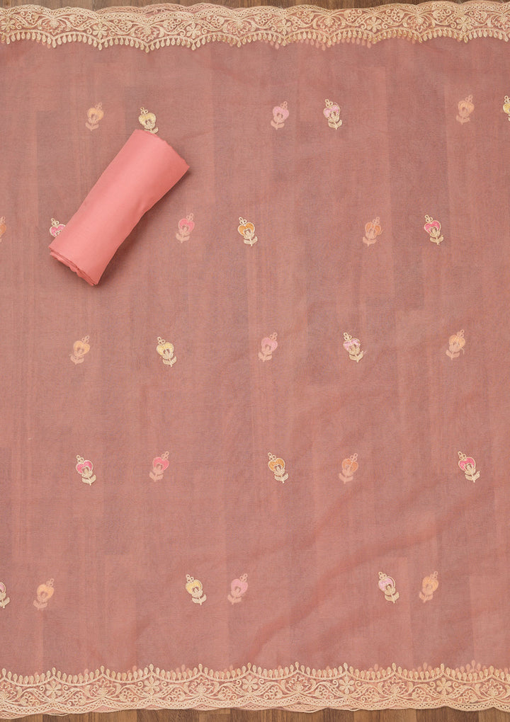Peach Threadwork Semi Crepe Unstitched Salwar Suit