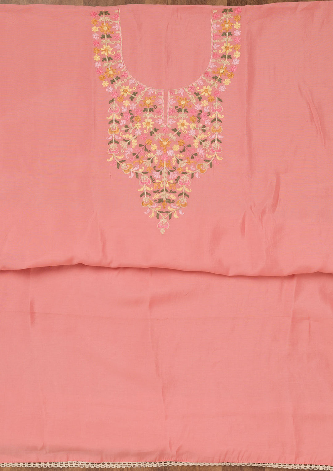 Peach Threadwork Semi Crepe Unstitched Salwar Suit