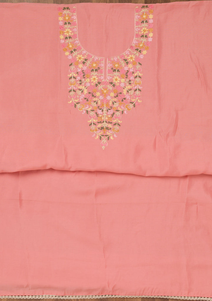 Peach Threadwork Semi Crepe Unstitched Salwar Suit