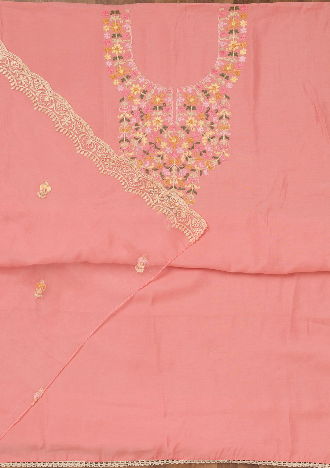 Peach Threadwork Semi Crepe Unstitched Salwar Suit