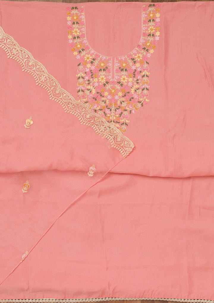 Peach Threadwork Semi Crepe Unstitched Salwar Suit