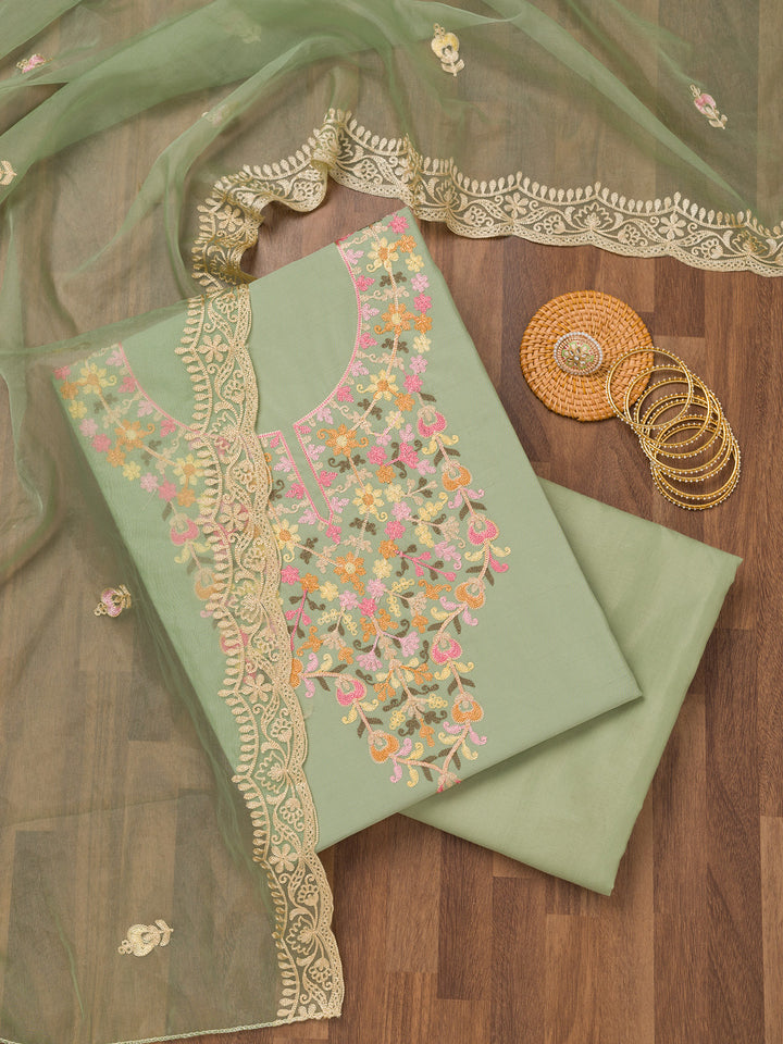 Pista Green Threadwork Semi Crepe Unstitched Salwar Suit